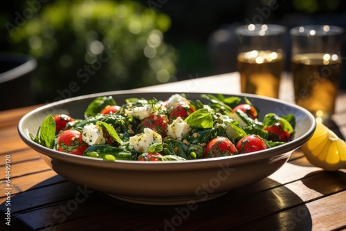 Tomatoes, spinach salad with feta cheese, pecans salad