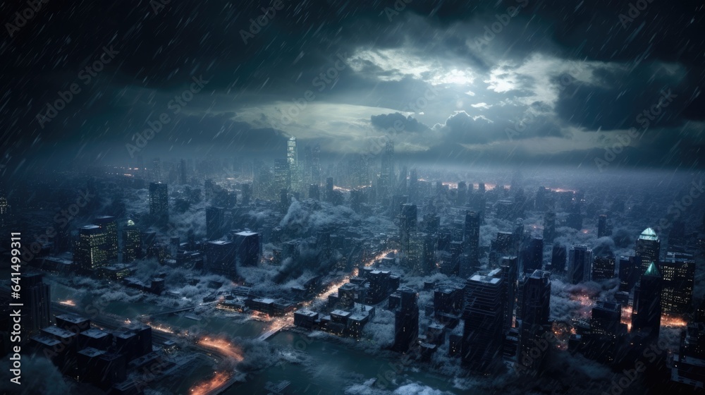 city facing a sudden hailstorm, indicating the extreme weather events caused by climate change generative ai