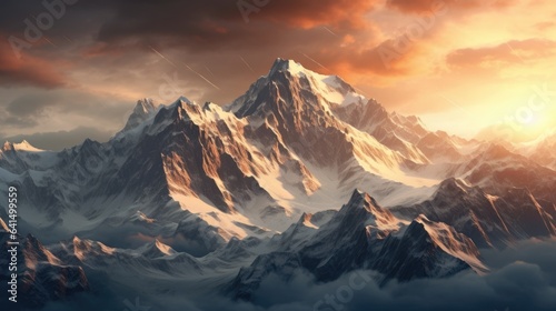 mountain range with receding snow caps, signifying the effect of global warming generative ai © ThisDesign