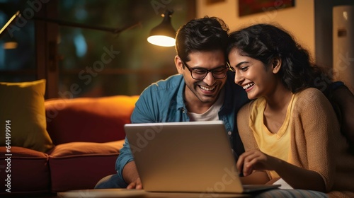 Happy Indian couple applying for banking loan or mortgage online.