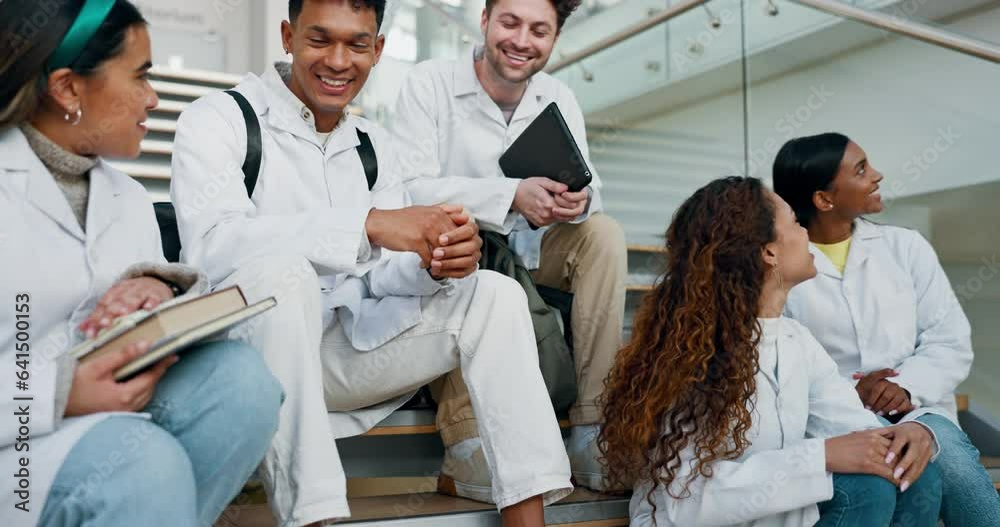 Group, university and medical students on stairs, talking and communication together. College, healthcare science and men and women in campus for learning, studying or happy for education at school