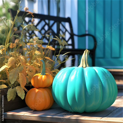 teal pumpkin on a porch in autumn