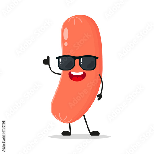 Cute happy sausage character wear sunglasses. Funny food greet friend cartoon emoticon in flat style. sausage vector illustration