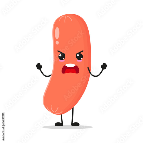 Cute furious sausage character. Temperament food cartoon emoticon in flat style. sausage vector illustration