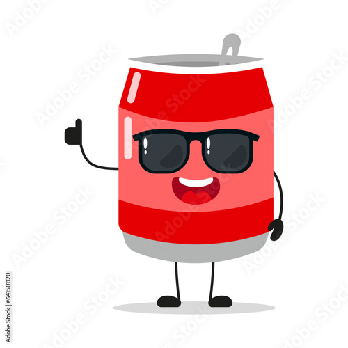 Cute happy soda can character wear sunglasses. Funny soft drink greet friend cartoon emoticon in flat style. drink vector illustration