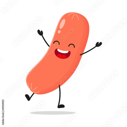 Cute happy sausage character. Funny jump food cartoon emoticon in flat style. sausage vector illustration