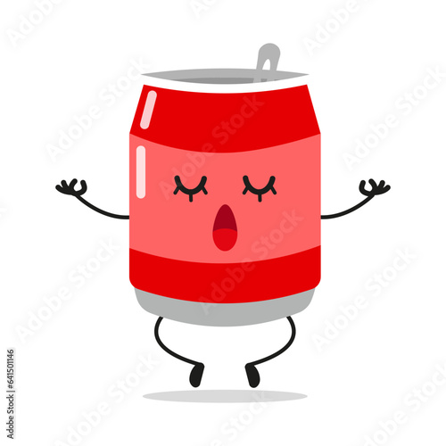 Cute relax soda can character. Funny yoga soft drink cartoon emoticon in flat style. soda, can meditation vector illustration