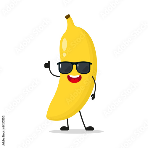 Cute happy banana character wear sunglasses. Funny fruit greet friend cartoon emoticon in flat style. food vector illustration