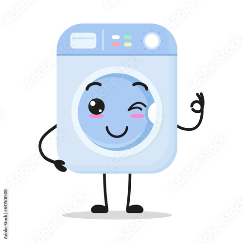 Cute happy washing machine character. Funny smiling and wink home appliance cartoon emoticon in flat style. bag vector illustration