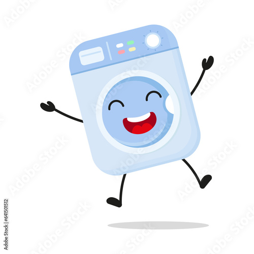 Cute happy washing machine character. Funny victory jump celebration home appliance cartoon emoticon in flat style. bag vector illustration