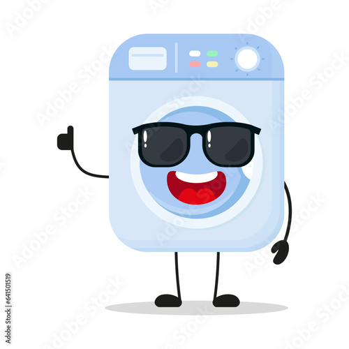 Cute happy washing machine character wear sunglasses. Funny home appliance greet friend cartoon emoticon in flat style. bag vector illustration