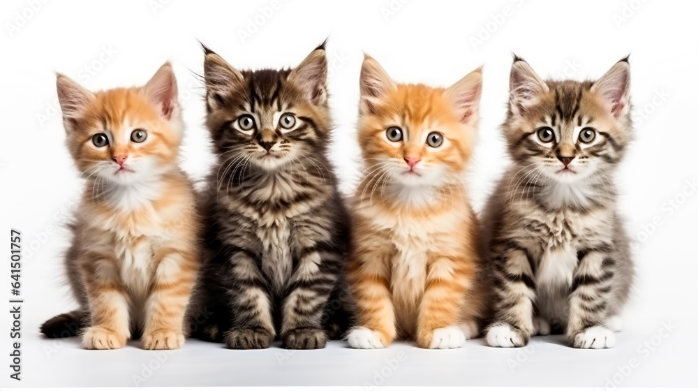 group of small kittens isolated on white background.