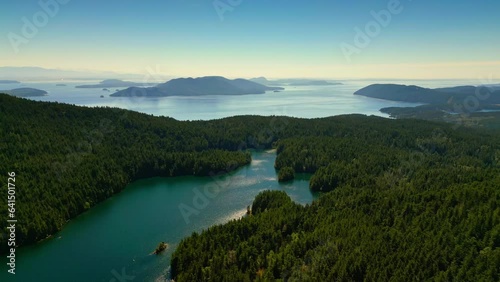 Aerial shot of Mountain Lake in Orcas Island, Washington during a summer day in the Pacific Northwest