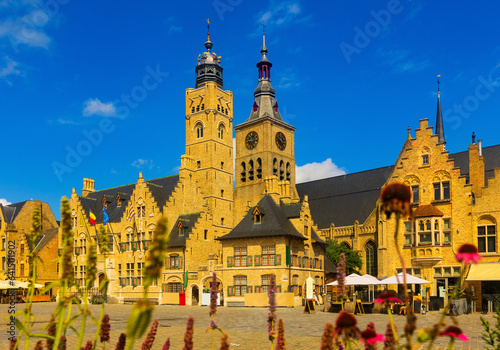 Picturesque view of city of Diksmuide central square Grote Markt with ancient buildings, West Flanders, Belgium