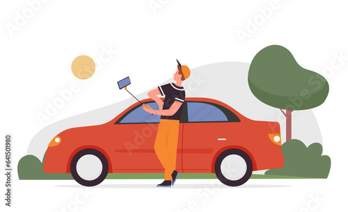 Male blogger showing his new car online. Social media influencer  engaging content posting vector cartoon illustration