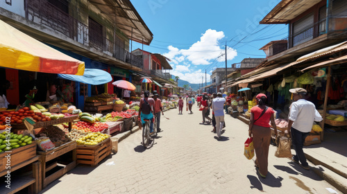 A man walking through a vibrant Colombian street market filled with an abundance of fresh produce