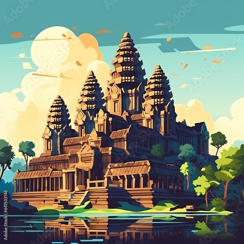 Angkor wat inspired simple 2D graphic drawing style photo