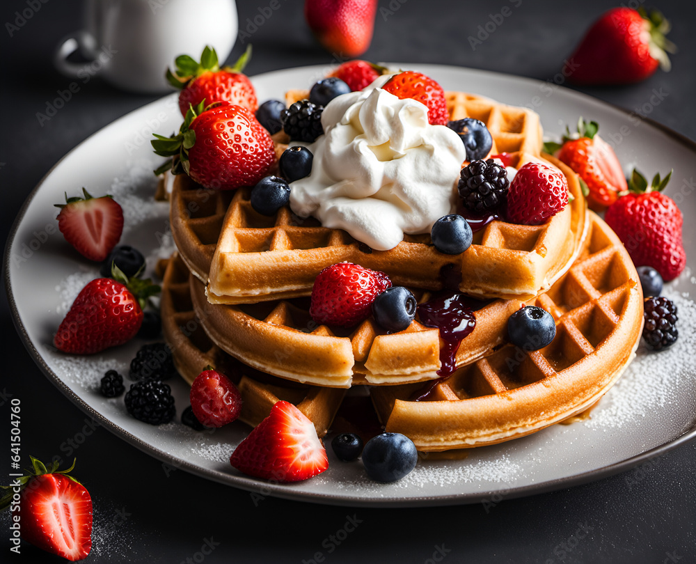Appetizing beautiful waffles with whipped cream, strawberry and other berries on a plate, dessert food photo Appetizing beautiful waffles with whipped cream, strawberry and other berries on a plate, dessert food photo
