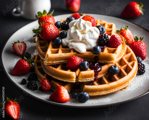 Appetizing beautiful waffles with whipped cream, strawberry and other berries on a plate, dessert food photo