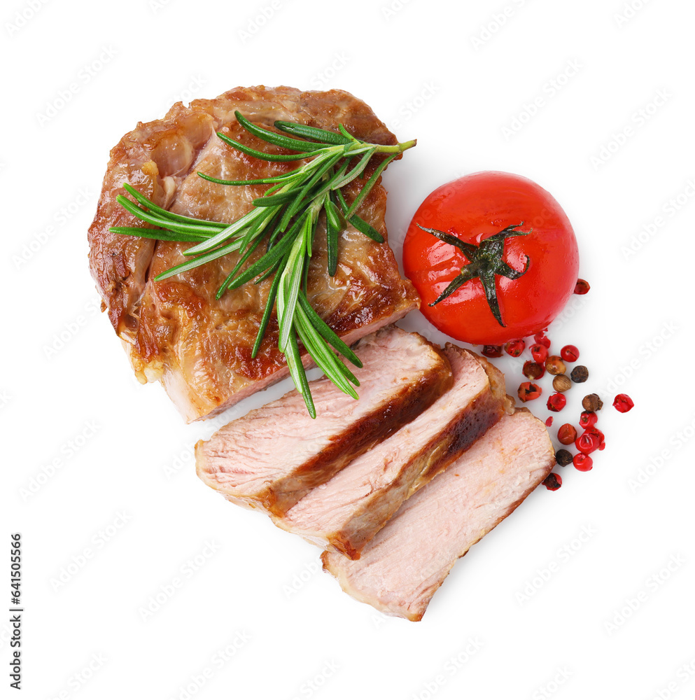 Delicious fried meat with rosemary, tomato and spices on white background, top view Delicious fried meat with rosemary, tomato and spices on white background, top view