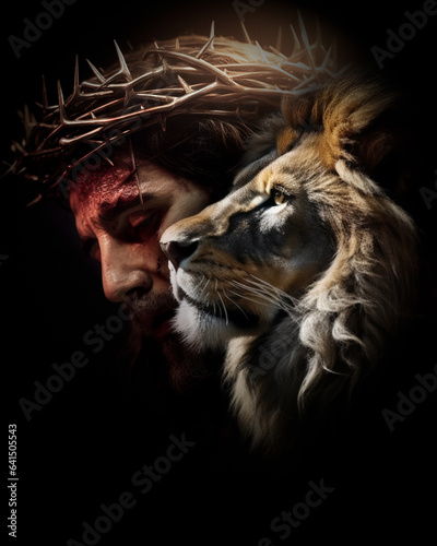 Canvas Print Lion and The Lamb, King Jesus Christ, Crowned with Thorns, Set Against a Black Background - Reflecting Spiritual Sovereignty and Salvation