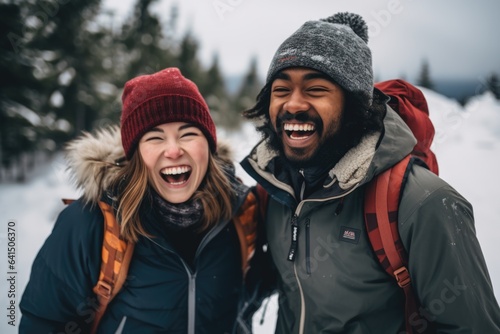 Young interracial couple hiking together in a snowy forest during winter