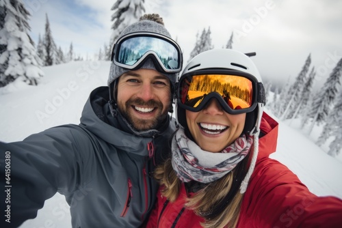Young caucasian couple hiking in a snowy forest together during winter