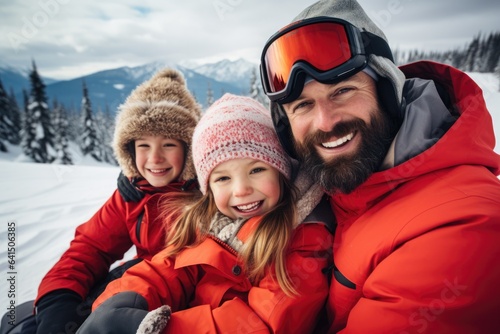Single father taking his kids skiing and snowboarding on a ski resort on a snowy mountain during winter