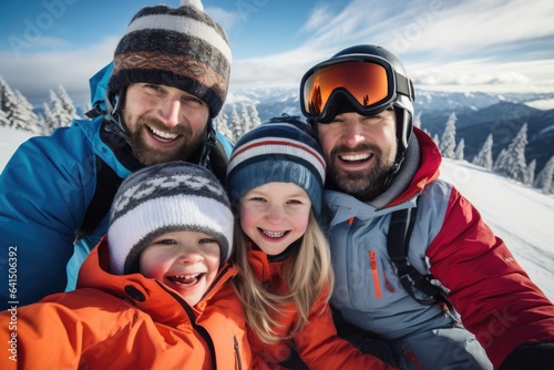 Male gay couple and their adopted children skiing and snowboarding on a ski resort on a snowy mountain during winter