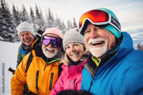 Group of middle aged people taking a selfie with a smart phone while skiing and snowboarding in a ski centar on a mountain photo