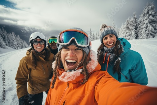 Group of young people taking a selfie with a smart phone while skiing and snowboarding in a ski centar on a mountain photo