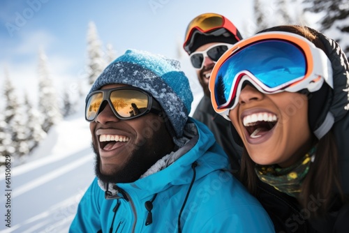 Group of young people taking a selfie with a smart phone while skiing and snowboarding in a ski centar on a mountain