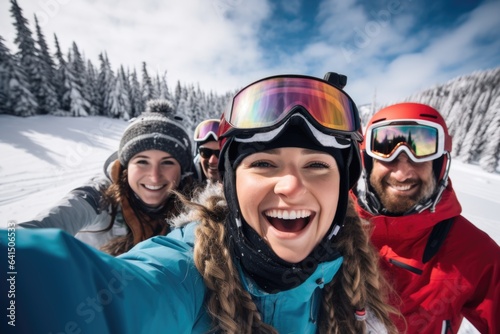 Group of people taking a selfie with a smart phone while skiing and snowboarding in a ski centar on a mountain