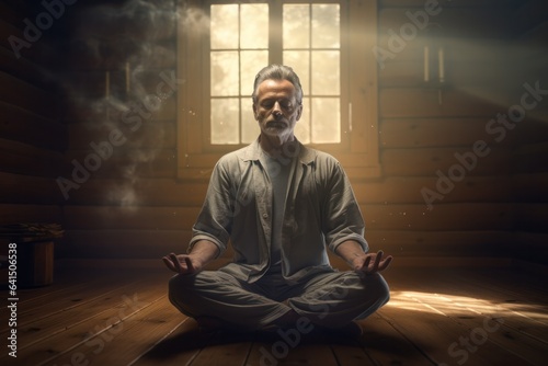 Health-focused adult in sunset meditation, lotus pose, spiritual harmony. Concept of balance and well-being.