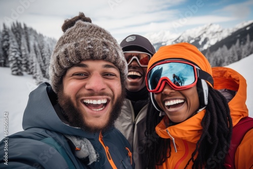 Group of people taking a selfie with a smart phone while skiing and snowboarding in a ski centar on a mountain