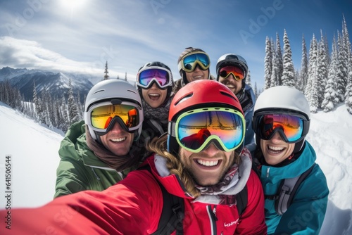 Group of people taking a selfie with a smart phone while skiing and snowboarding in a ski centar on a mountain