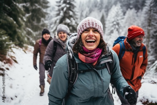 Diverse group of people and friends hiking together in the forests and mountains during winter and snow