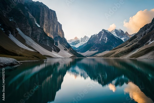 A serene alpine lake nestled between rugged mountain peaks, its crystal-clear waters reflecting the surrounding majesty