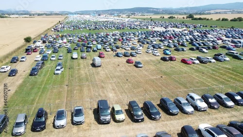 Pohoda Musical Festival 2023 in Slovakia filled with tents and cars in parking lot aerial shot by drone day photo