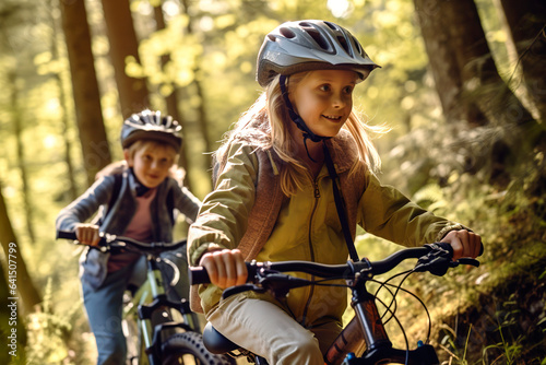 Children enjoying outdoors riding bikes in the forest