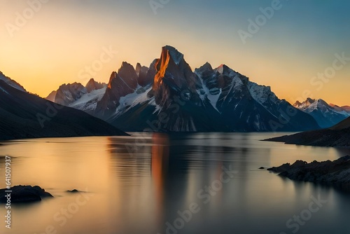 A rugged mountain range silhouetted against the warm hues of a setting sun, a landscape of grandeur