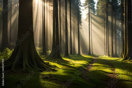 A sunlit glade beneath towering trees  the interplay of light and shadow creating a captivating scene