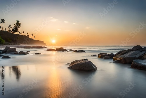 A tranquil beach at dawn, the first rays of sunlight casting a golden glow on the gentle waves