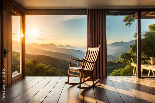 A wooden rocking chair on a cozy porch  overlooking a peaceful garden