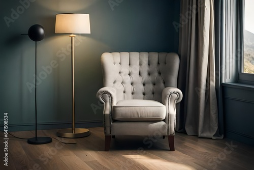 A comfortable reading chair nestled in a cozy corner with a floor lamp for perfect lighting © ra0