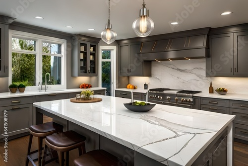 A sophisticated kitchen with marble countertops, stainless steel appliances, and an island perfect for culinary creations