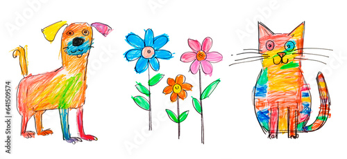 Child crayon drawing set of a dog, flowers and a cat. White and transparent background