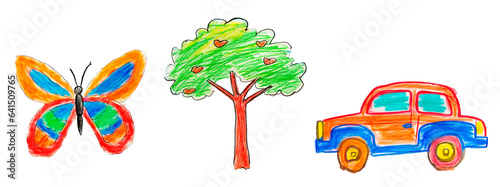 Butterfly, tree and a car of a child crayon drawing on white transparent background