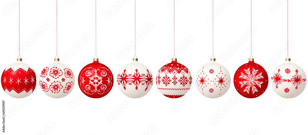 Christmas ornament balls in red and white colors hanging in line on ...