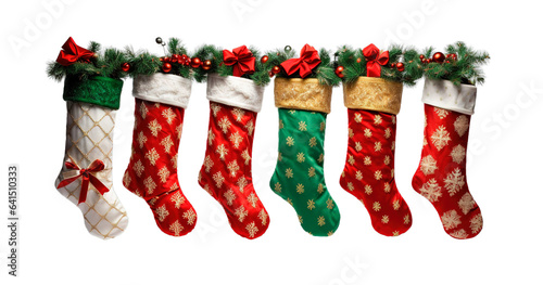 Christmas garland with Christmas stocking hanging on white and transparent background photo